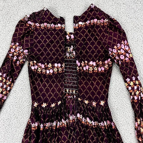 Vintage 70s Dress Size Small Floral Smocked Maxi Burgundy Boho Hippie - Picture 11 of 16